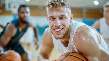 A close-up shot of a happy and sweaty basketball player smiling with teammates in the background, capturing the joy and camaraderie during a lively indoor basketball game.