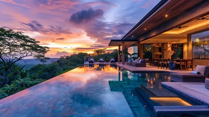 Fototapeta premium Ceiling fan luxury villa with infinity pool at sunset