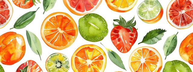 Various citrus fruits watercolor drawing. Selective focus.