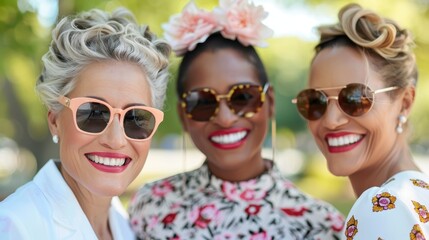 Obraz premium Three ladies with vibrant smiles are posing outdoors, wearing floral headpieces and stylish sunglasses, enjoying a sunny day amid greenery.