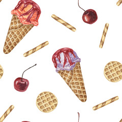 Ice cream cones, waffles and cherries watercolor seamless pattern. Whimsical hand painted clipart for textiles, wallpaper, packaging. Sweet dessert theme fabric for summer decor and scrapbooking