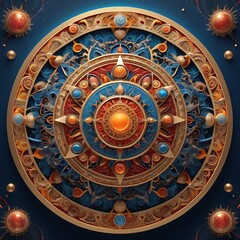 Naklejka premium Circular mandala featuring ornate gold, blue, red, and orange details. Perfect for meditation, spiritual designs, textiles, and decorative elements.