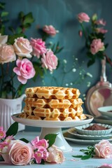 Naklejka premium delicious beautiful Belgian waffles. Selective focus.