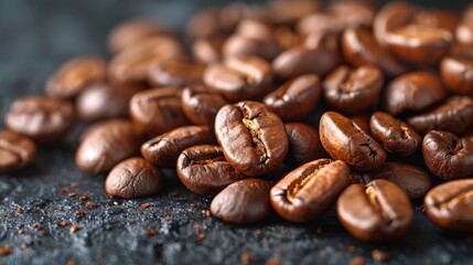Fototapeta premium Roasted coffee beans creating a background with shallow depth of field
