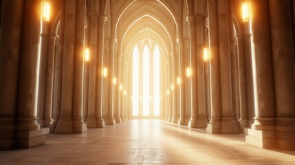 Obraz premium A stunning view of a grand hall with illuminated arches and warm light streaming through large windows, creating an ethereal atmosphere.