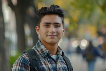 Fototapeta premium A young man walking on a city street carrying a backpack, suitable for travel or adventure themes
