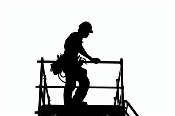 A construction worker on a scaffolding with a cityscape in the background