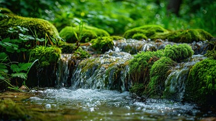 The water of the stream flows over mossy stones. Forest stream waterfall. Waterfall stream on mossy rocks. Mossy forest waterfall stream
