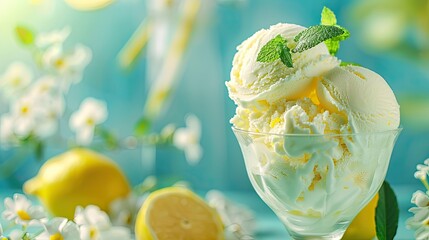 Limoncello liqueur and ice cream in a glass. Selective focus.