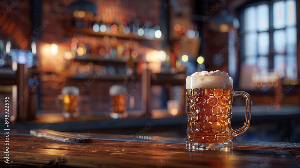 Aufkleber A close-up shot of a beer mug with a thick layer of foam, placed on a wooden bar counter in a dimly lit pub. Generative AI