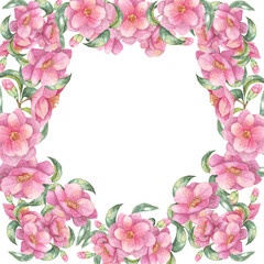 Fototapeta premium Camellia japonica watercolor clipart featuring a dense pink floral frame on a square background. Ideal for creating custom invitations, digital designs, scrapbooking, and decorative prints