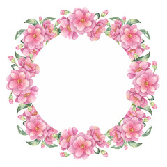 Camellia japonica watercolor clipart with an elegant floral wreath of pink flowers. Round frame Perfect for creating wedding invitations, greeting cards, and custom prints