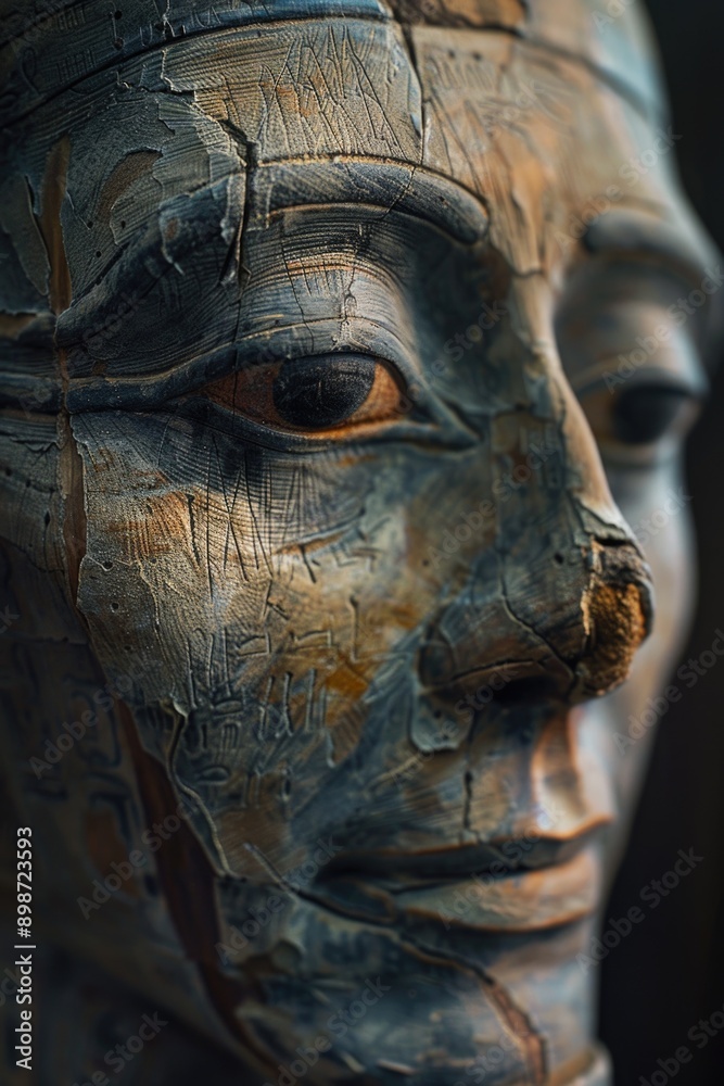 Poster a detailed view of a statue's facial features