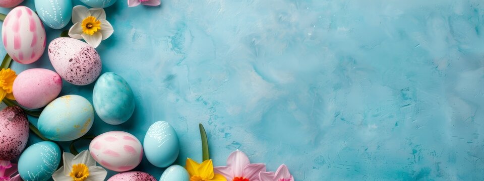  A blue backdrop adorned with pink, yellow, and white Easter eggs and daffodils - Powered by Adobe