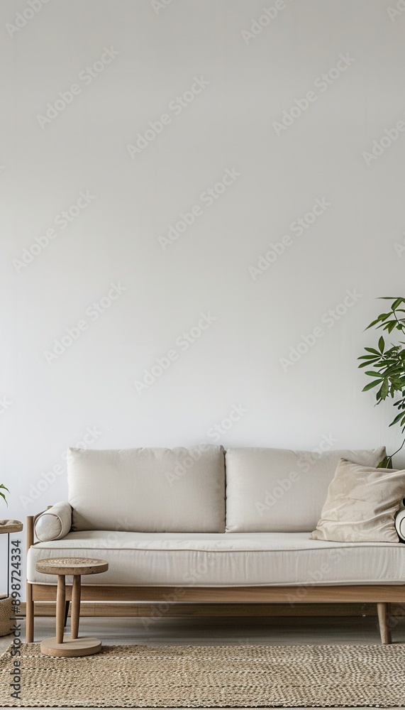 Poster a white sofa with wooden frame and cushions sits in front of a white wall, with a wooden side table 