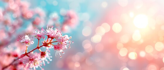  A pink flower in sharp focus on a branch against a background of softly blurred sunlight