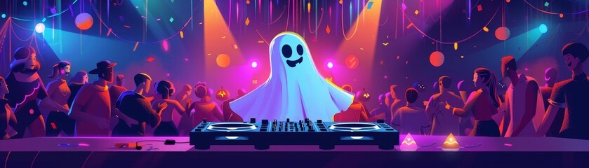 Flat design of a happy Halloween dance party, with a DJ dressed as a ghost, playing music for a crowd of people in costumes dancing under colorful lights and spooky decorations