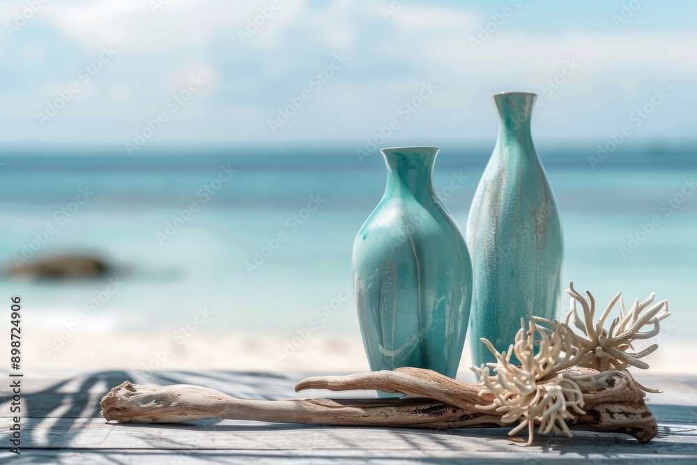 Poster a pair of decorative vases sit atop a wooden table, perfect for a rustic home decor or event display