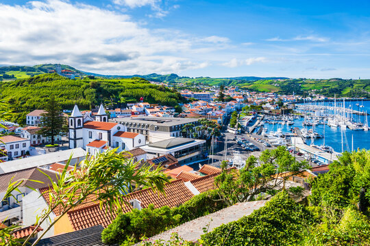View of Horta town with port in beautiful bay, Faial island, Azores, Portugal