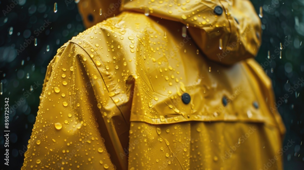 Poster a person wearing a yellow rain coat and walking in the rain, suitable for use as a background or pro