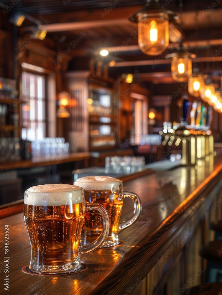 Poster two pints of beer sit on a wooden bar counter, lit by warm overhead lights. generative ai