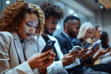Beautiful businesspeople using their mobile phones in a high angle view, representing a diverse and talented team within the company.