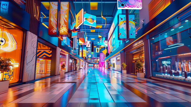 3D animated scene of a virtual shopping mall, with digital storefronts and floating product displays, providing an immersive shopping experience 