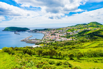 View of Horta port from Nossa Senhora da Conceicao viewpoint on coast of Faial island, Azores,...