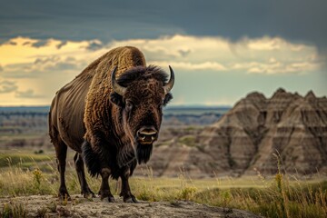 Large bison standing in a dirt field, great for wildlife or nature themed projects
