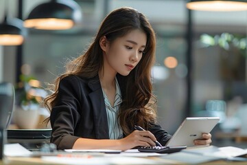 Fototapeta premium Beautiful businesswoman calculating invoice using a calculator at her workplace.