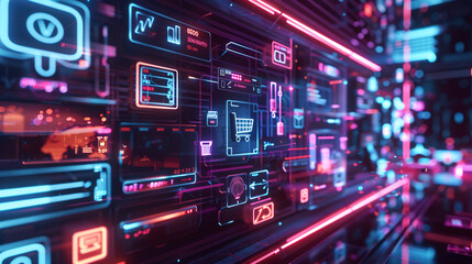 Obraz premium 3D depiction of a virtual shopping interface, with glowing product icons, interactive menus, and a floating checkout button in a futuristic environment 