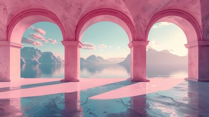 Pink arches over a serene water landscape with mountains, minimalistic and futuristic design creating a serene atmosphere.