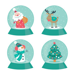 Set of Santa, snowman, deer and tree snow globes on white background. 