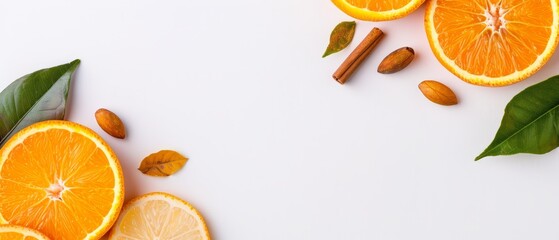  A collection of sliced oranges atop a pristine white table, accompanied by green foliage and a pair of nuts