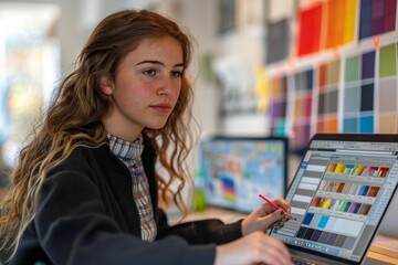 Fototapeta premium beautiful female architect carefully choosing colors for the kitchen design on her laptop screen in a professional office setting.