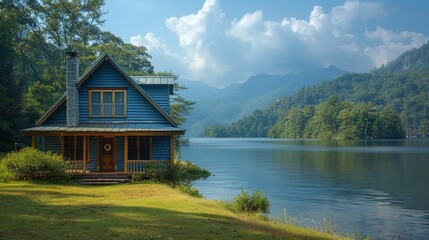 Blue cabin sits on the edge of a lake, nestled in the forest with mountains rising in the distance