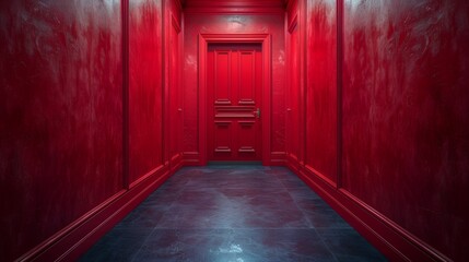 Long corridor with red walls and a closed door at the end, bathed in a mysterious light