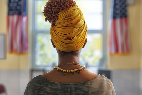 A woman wearing a bright yellow turban, possibly for cultural or religious reasons