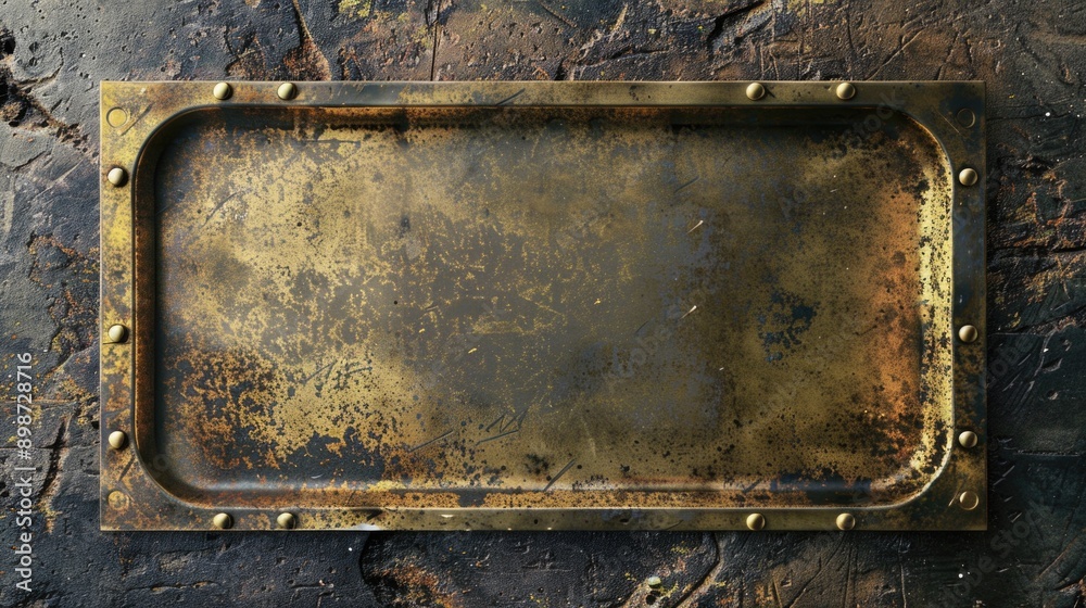 Poster a close-up shot of a metal plate with rivets on a rusty surface