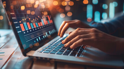 Close-up of a marketer's hands typing on a laptop with digital marketing analytics displayed on the screen 