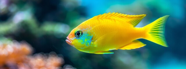 Naklejka premium A tight shot of a goldfish near corals in the foreground, surrounded by blue aquarium water