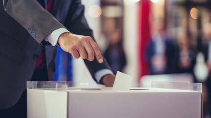 Male citizen throws a ballot paper into a ballot box at a polling station. Concept of presidential or parliamentary elections.
