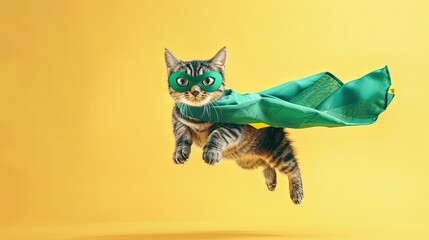 superhero cat, Cute grey tabby kitty with a green cloak and mask jumping and flying on light yellow background with copy space. The concept of a superhero, super cat, leader, funny animal studio