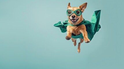 superhero dog , Cute brown dog with a green cloak and mask jumping and flying on light blue background with copy space