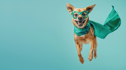 superhero dog , Cute brown dog with a green cloak and mask jumping and flying on light blue background with copy space