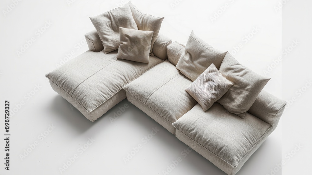 Poster A white sectional sofa with various pillows is photographed from an overhead perspective against a white background. Generative AI
