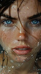 the face of woman with beautiful blue eyes, in water, in the style of dystopian realism, realistic perspective
