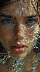 the face of woman with beautiful blue eyes, in water, in the style of dystopian realism, realistic perspective