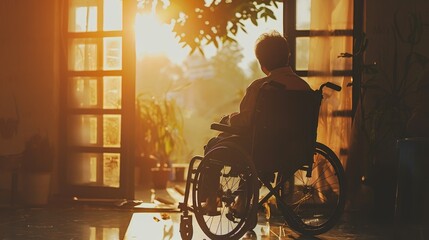 Elderly person in wheelchair gazing at sunset through open door