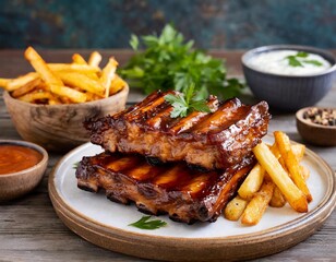 Two racks of barbecued pork baby back ribs with french fries and dipping sauce.